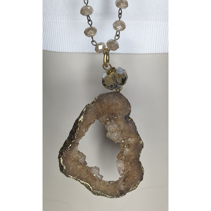 Whimsigoth Boho Geode Glass Brown Gold Tone Pendant Necklace 35 Inch