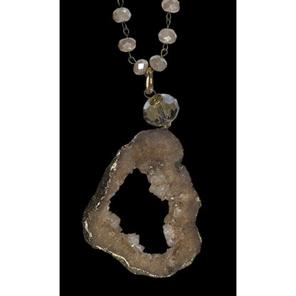 Whimsigoth Boho Geode Glass Brown Gold Tone Pendant Necklace 35 Inch