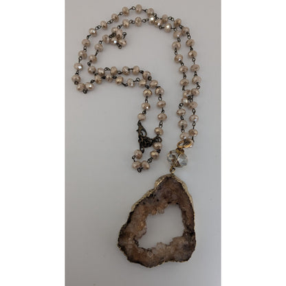 Whimsigoth Boho Geode Glass Brown Gold Tone Pendant Necklace 35 Inch