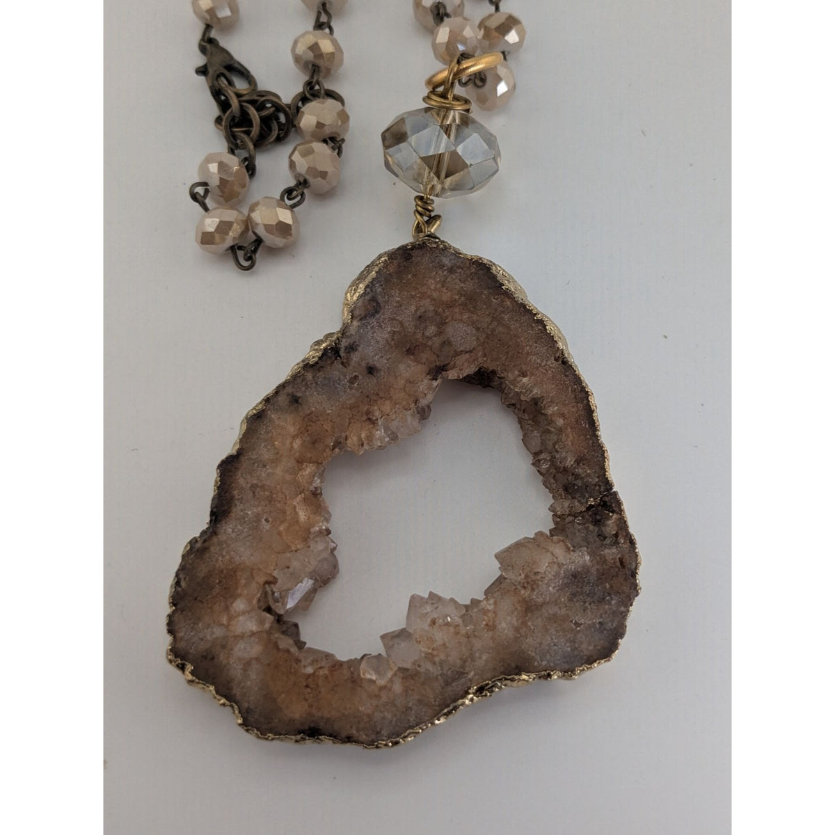 Whimsigoth Boho Geode Glass Brown Gold Tone Pendant Necklace 35 Inch