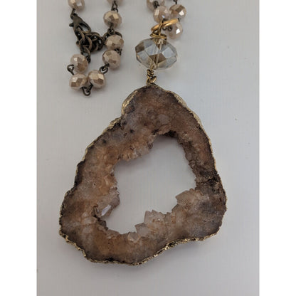 Whimsigoth Boho Geode Glass Brown Gold Tone Pendant Necklace 35 Inch