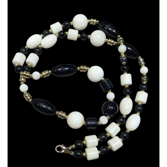 Retro Black White And Gold Tone Beaded Necklace