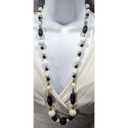 Retro Black White And Gold Tone Beaded Necklace