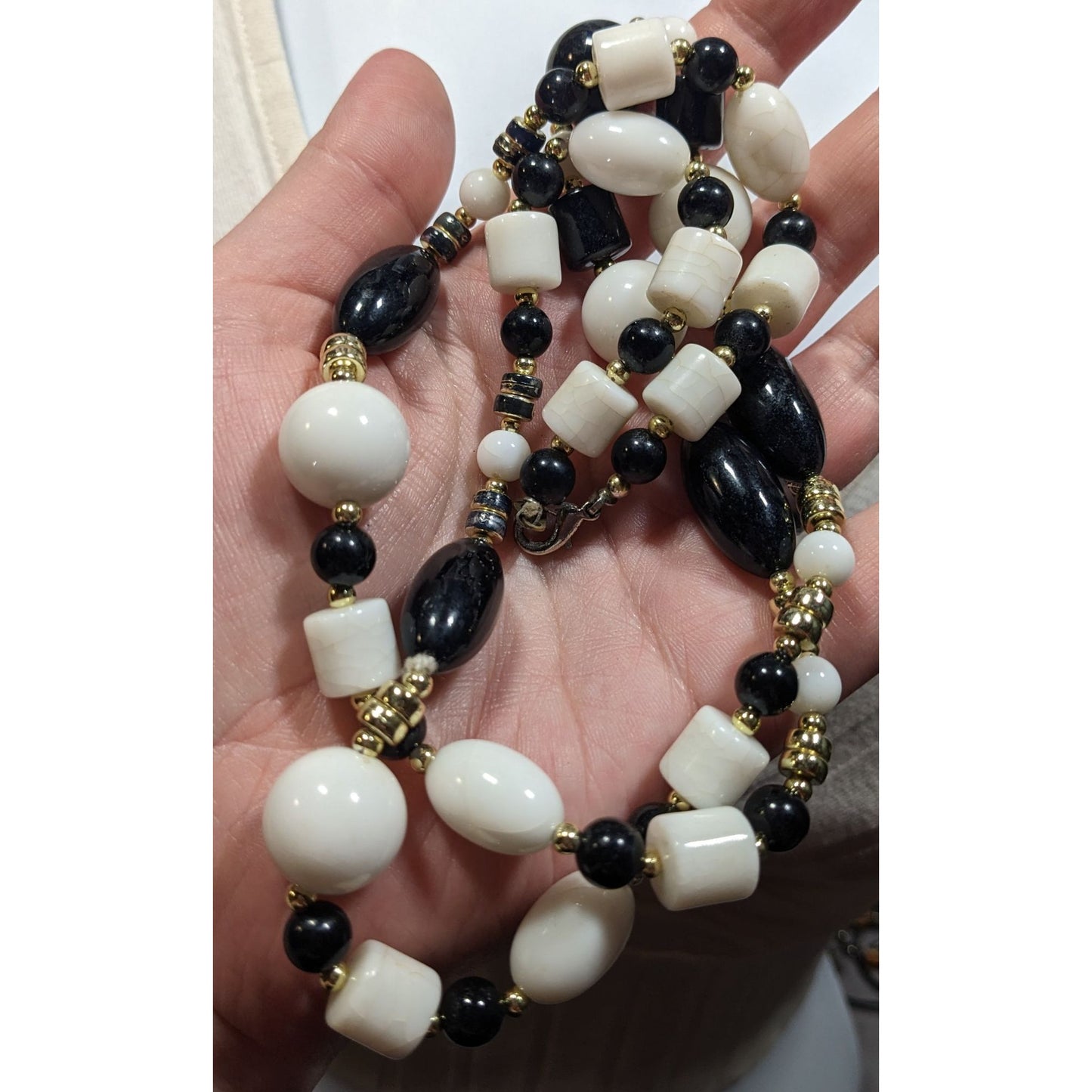 Retro Black White And Gold Tone Beaded Necklace