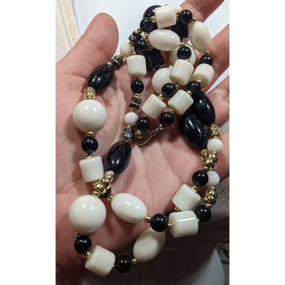 Retro Black White And Gold Tone Beaded Necklace