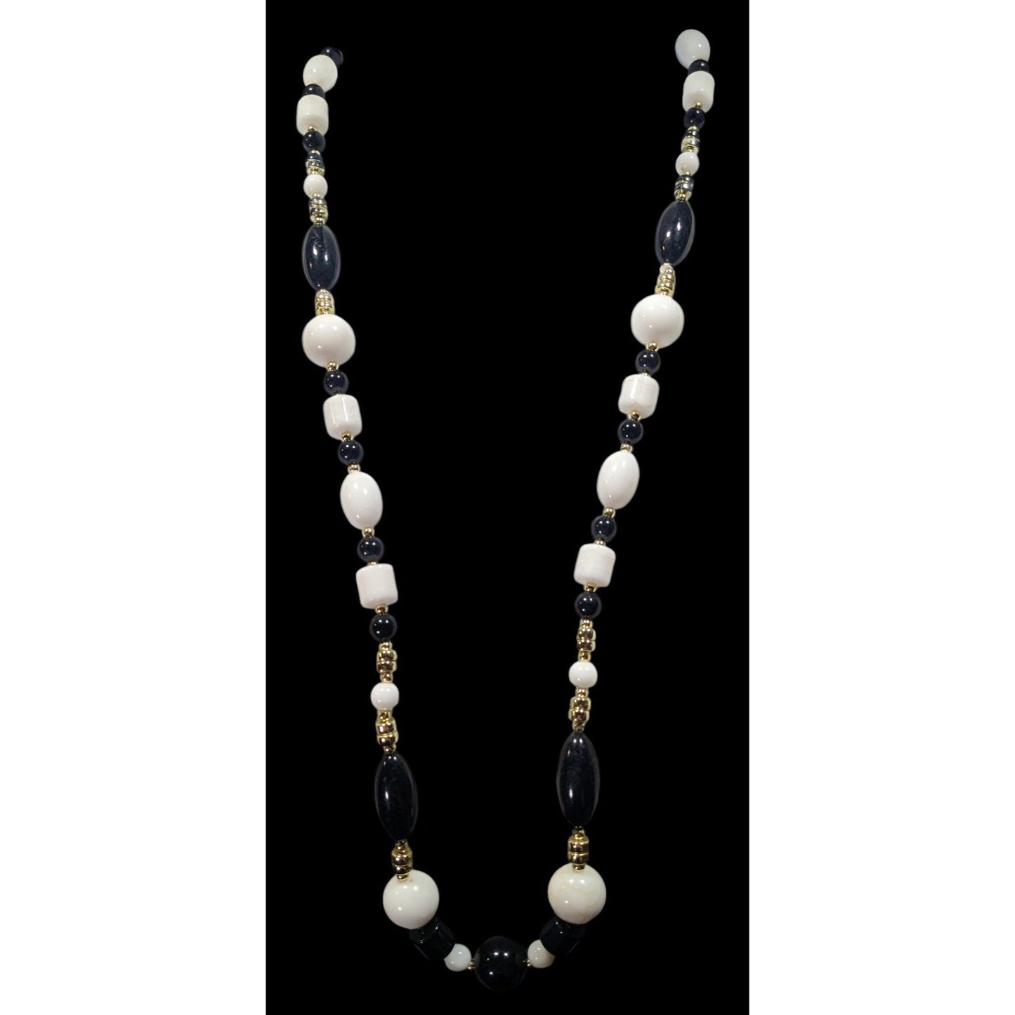 Retro Black White And Gold Tone Beaded Necklace