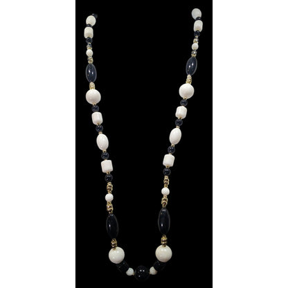 Retro Black White And Gold Tone Beaded Necklace