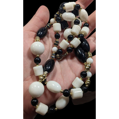 Retro Black White And Gold Tone Beaded Necklace