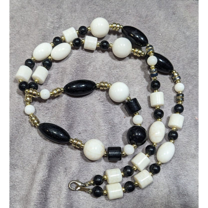 Retro Black White And Gold Tone Beaded Necklace