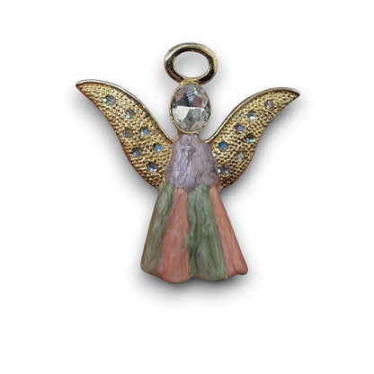 Vintage Angel Enamel Rhinestone Pastel Gold Tone Brooch 2 Inch