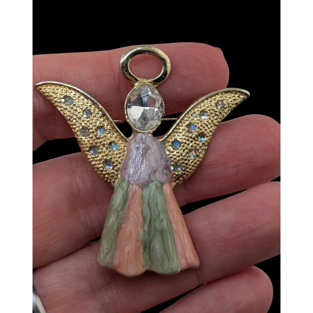 Vintage Angel Enamel Rhinestone Pastel Gold Tone Brooch 2 Inch