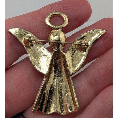 Vintage Angel Enamel Rhinestone Pastel Gold Tone Brooch 2 Inch