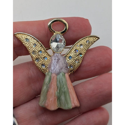 Vintage Angel Enamel Rhinestone Pastel Gold Tone Brooch 2 Inch