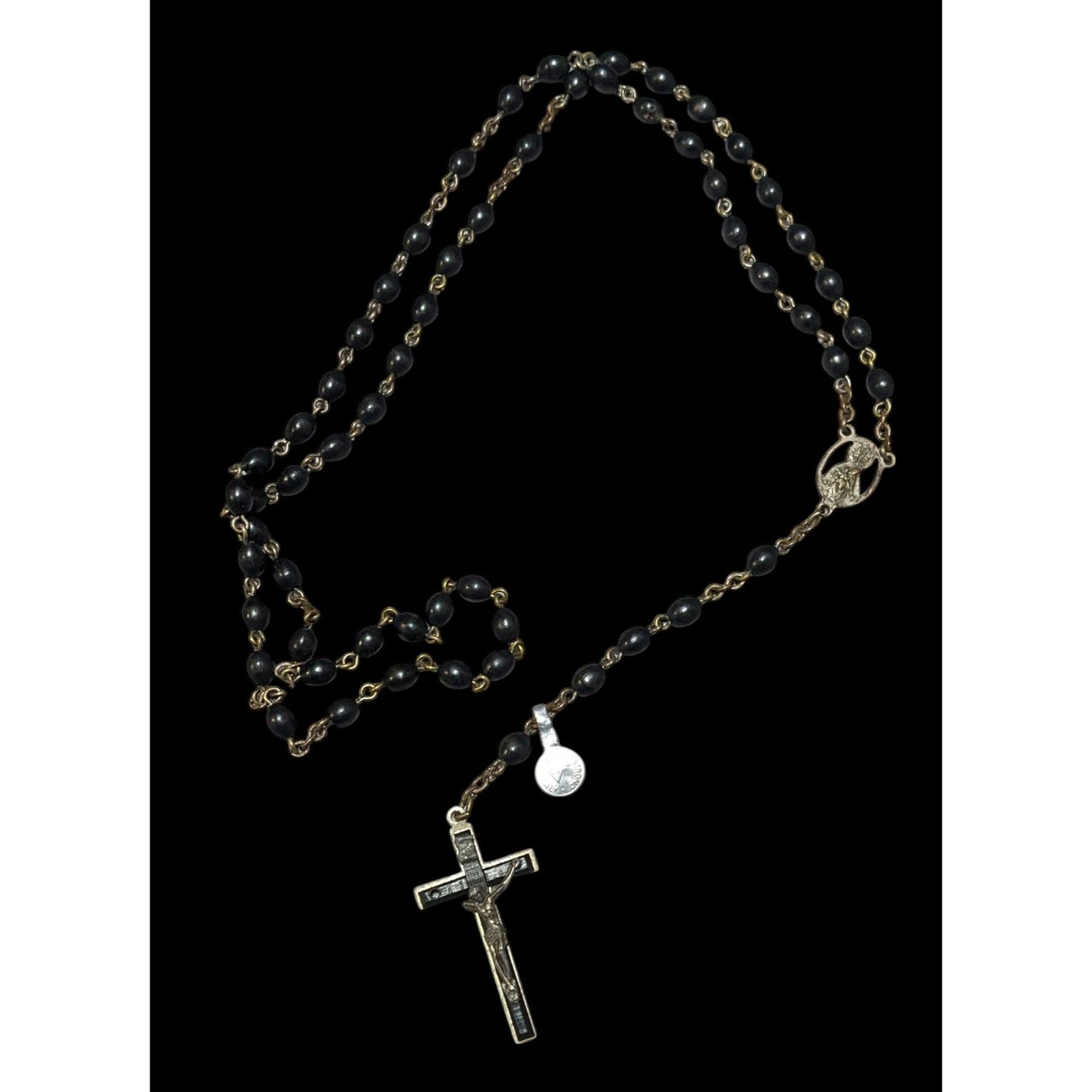 Vintage Black Beaded Extra Strong Made In Italy Rosary Necklace