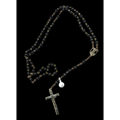 Vintage Black Beaded Extra Strong Made In Italy Rosary Necklace