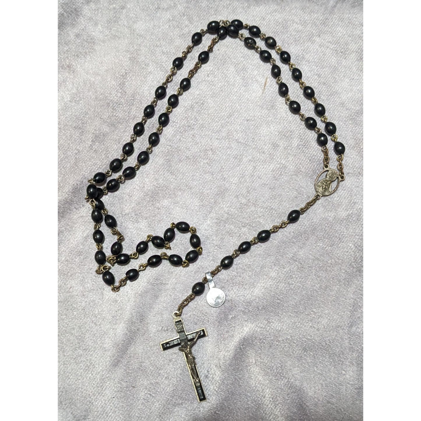 Vintage Black Beaded Extra Strong Made In Italy Rosary Necklace