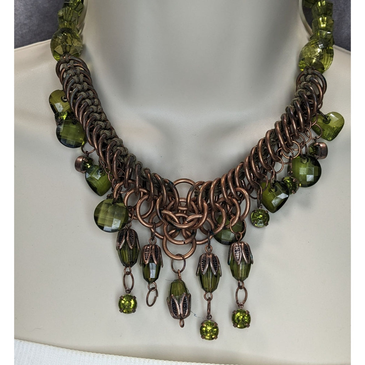 Fairycore Boho Witchy Green Beaded Copper Tone Statement Necklace