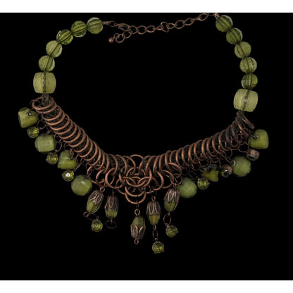 Fairycore Boho Witchy Green Beaded Copper Tone Statement Necklace