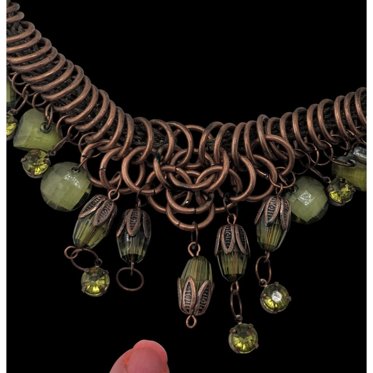 Fairycore Boho Witchy Green Beaded Copper Tone Statement Necklace