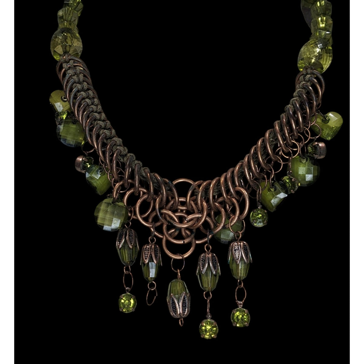 Fairycore Boho Witchy Green Beaded Copper Tone Statement Necklace