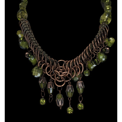 Fairycore Boho Witchy Green Beaded Copper Tone Statement Necklace