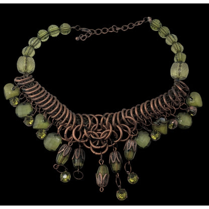 Fairycore Boho Witchy Green Beaded Copper Tone Statement Necklace