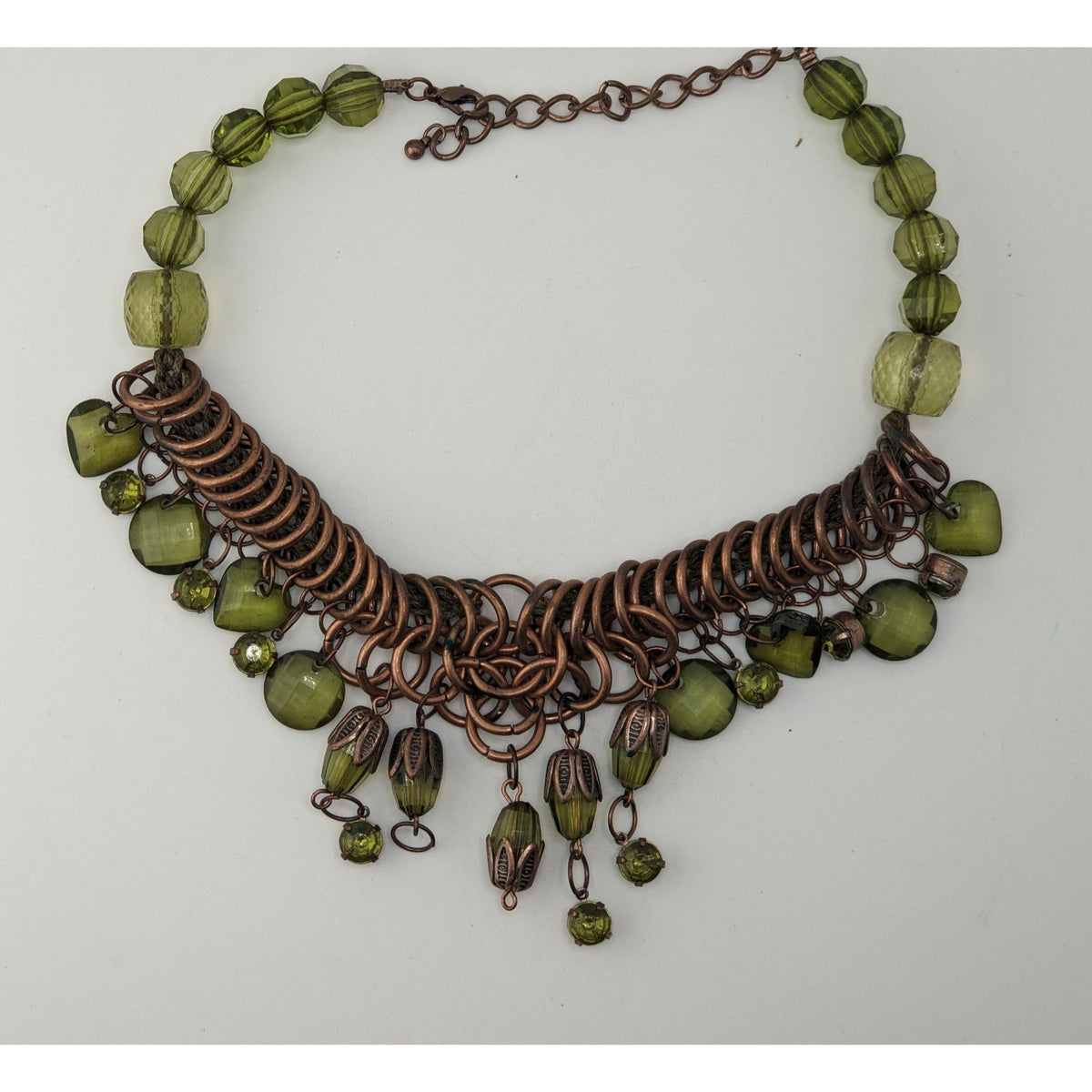 Fairycore Boho Witchy Green Beaded Copper Tone Statement Necklace