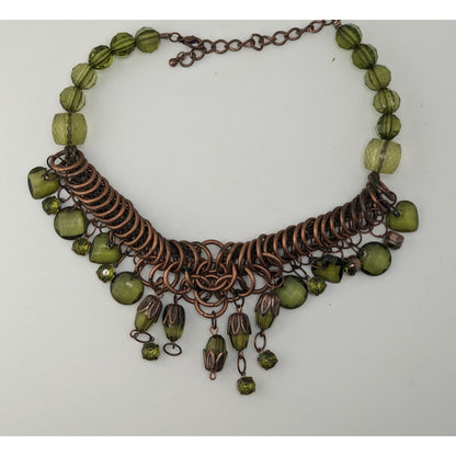 Fairycore Boho Witchy Green Beaded Copper Tone Statement Necklace