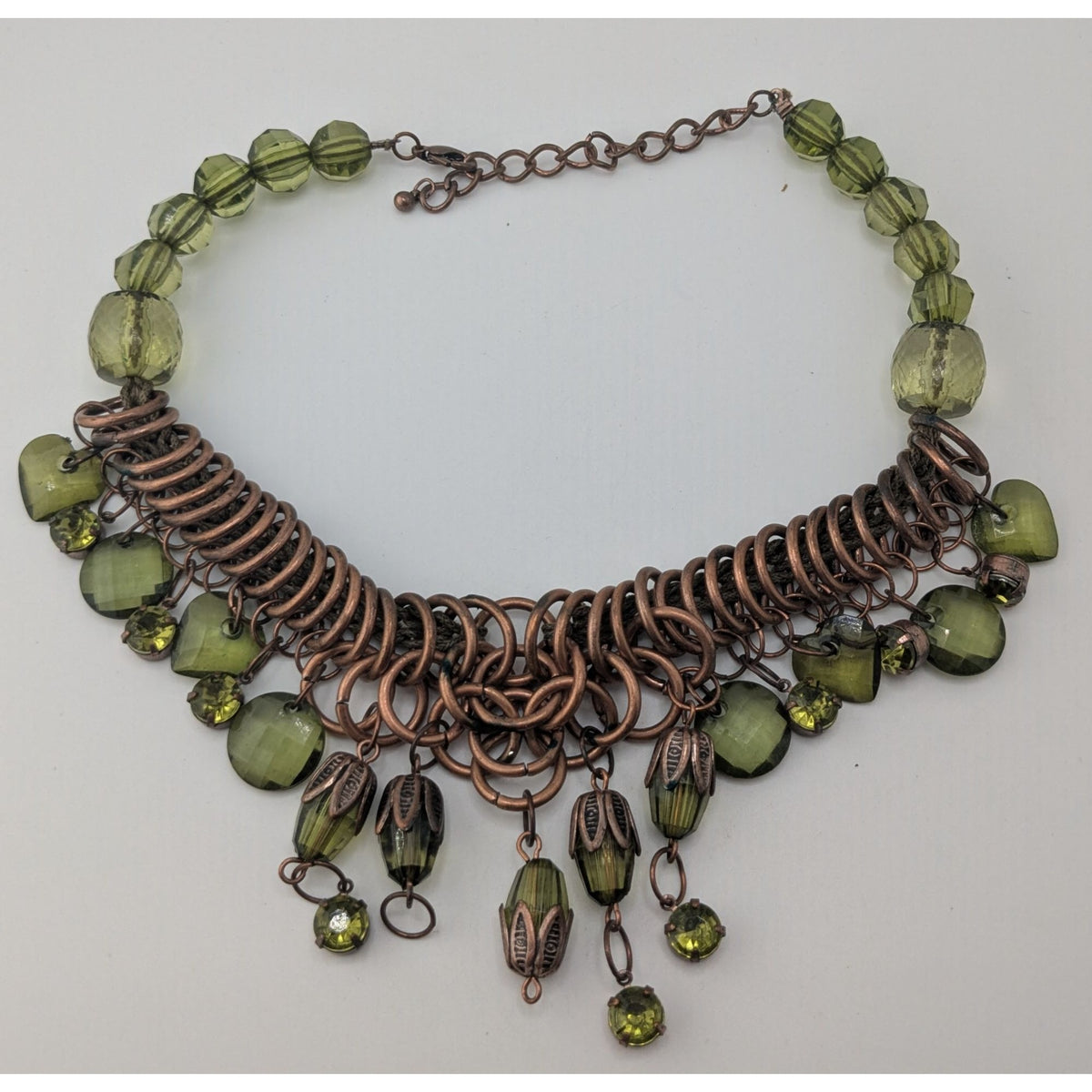 Fairycore Boho Witchy Green Beaded Copper Tone Statement Necklace