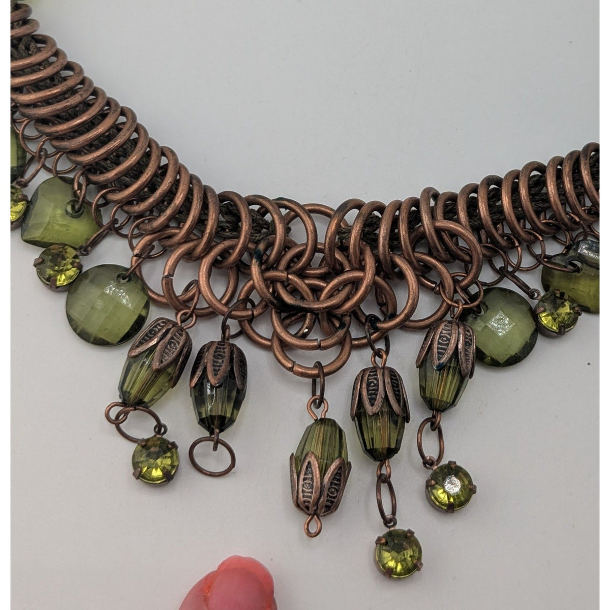 Fairycore Boho Witchy Green Beaded Copper Tone Statement Necklace