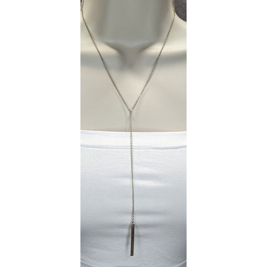 Simple Minimalist Modern Silver Y Necklace With Bar Pendant