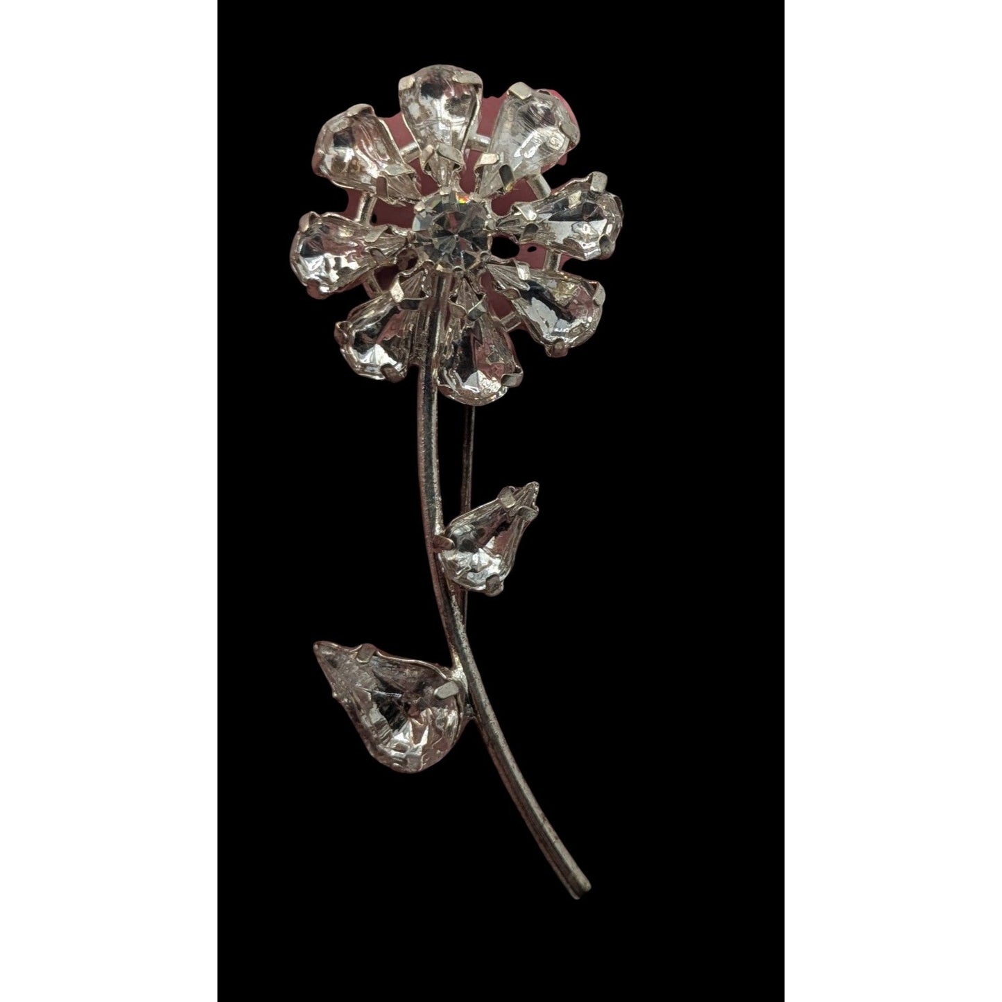 Retro Vintage Rhinestone Flower Brooch Silver Tone Crystal Floral Stem Pin