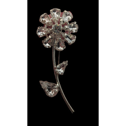 Retro Vintage Rhinestone Flower Brooch Silver Tone Crystal Floral Stem Pin