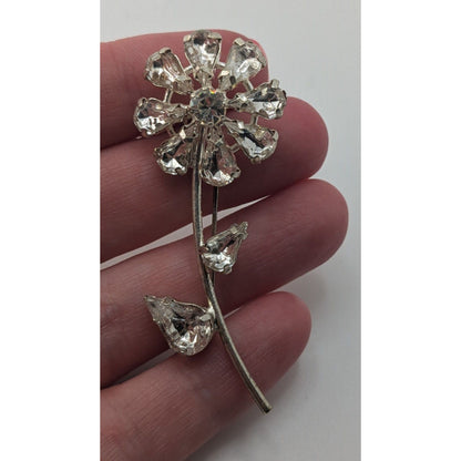 Retro Vintage Rhinestone Flower Brooch Silver Tone Crystal Floral Stem Pin