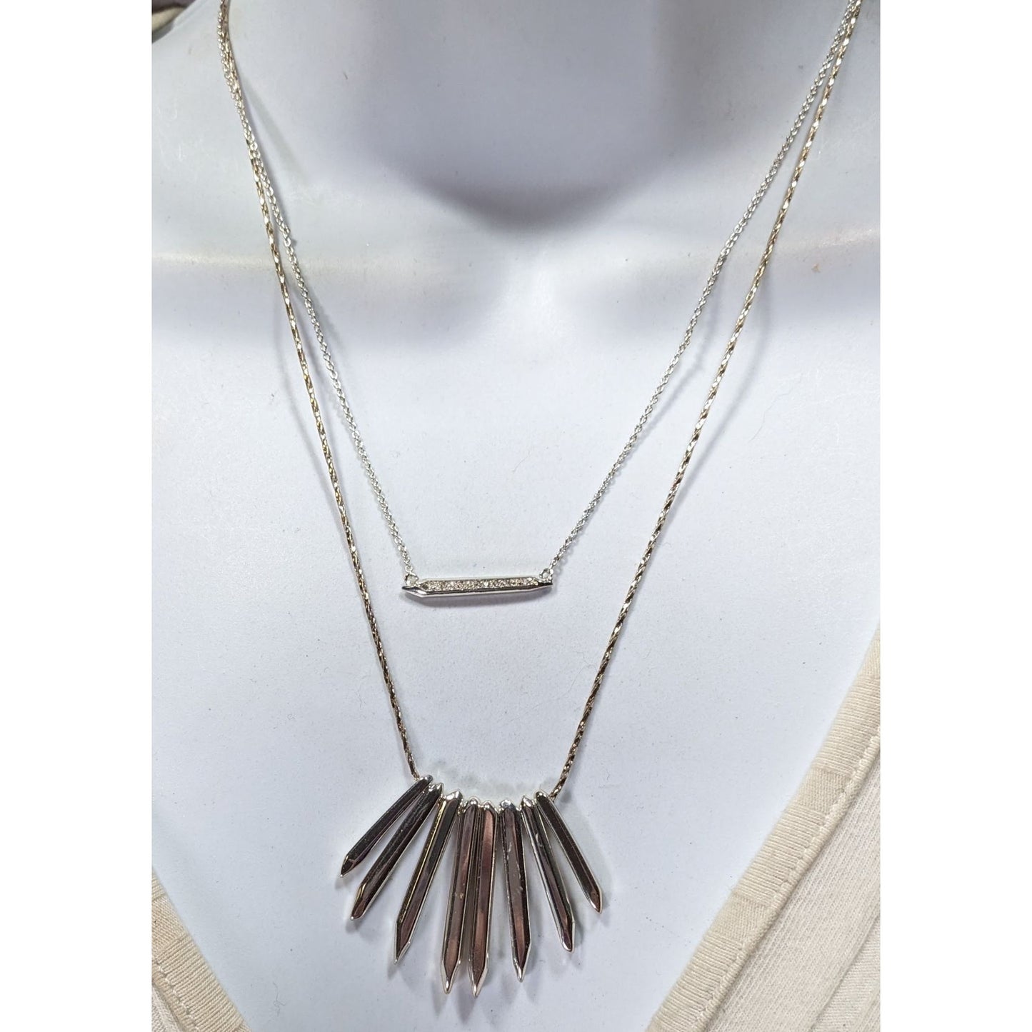 Stella And Dot Layered Silver Spike Pendant Necklace With Rhinestone Accents