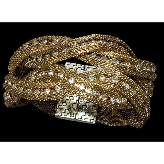 Vintage Gold Tone Mesh And Rhinestone Braided Magnetic Bracelet