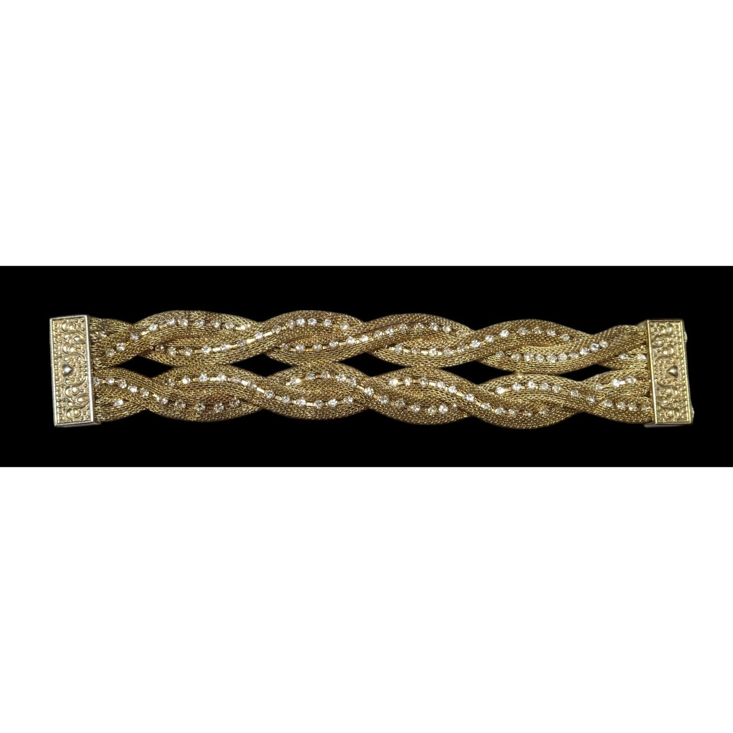 Vintage Gold Tone Mesh And Rhinestone Braided Magnetic Bracelet