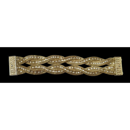 Vintage Gold Tone Mesh And Rhinestone Braided Magnetic Bracelet