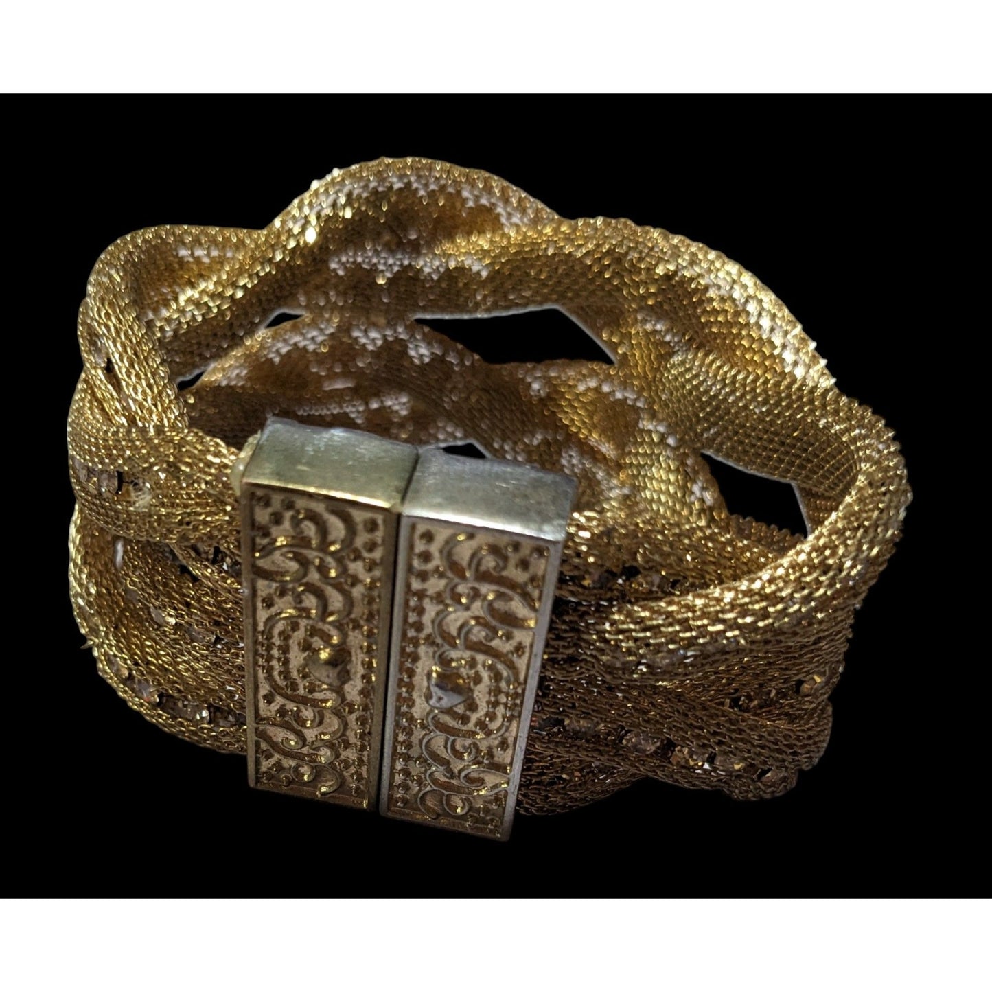 Vintage Gold Tone Mesh And Rhinestone Braided Magnetic Bracelet