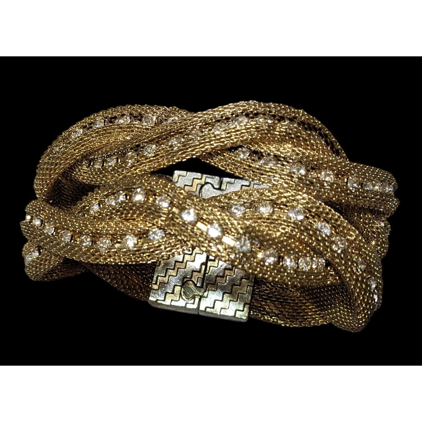 Vintage Gold Tone Mesh And Rhinestone Braided Magnetic Bracelet