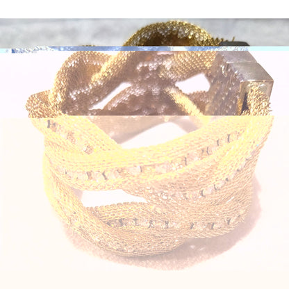 Vintage Gold Tone Mesh And Rhinestone Braided Magnetic Bracelet