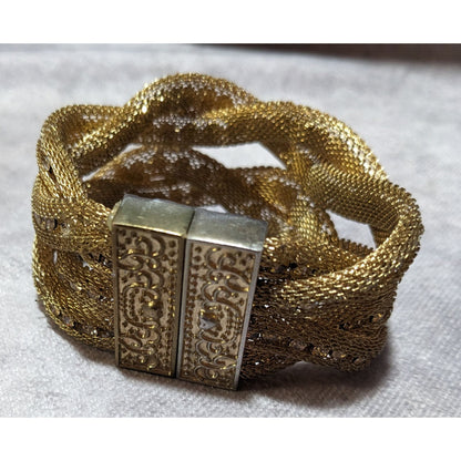 Vintage Gold Tone Mesh And Rhinestone Braided Magnetic Bracelet