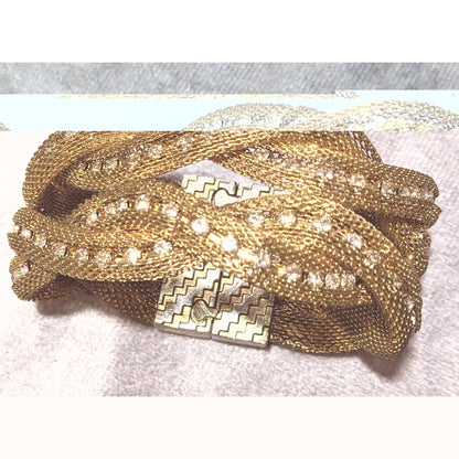 Vintage Gold Tone Mesh And Rhinestone Braided Magnetic Bracelet