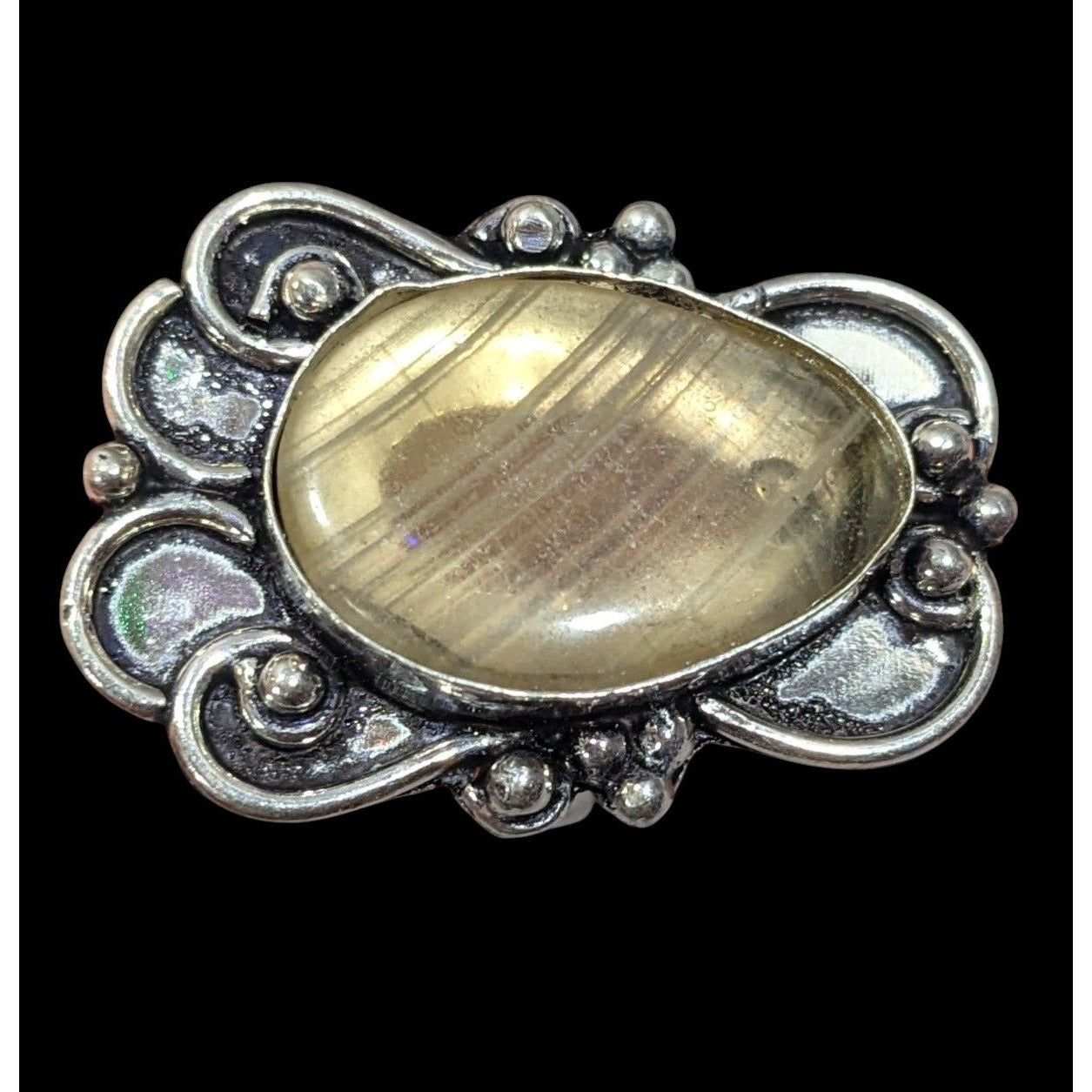 Victorian Style Rutilated Quartz Sterling Silver Statement Ring Size 7