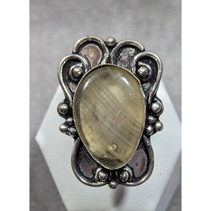 Victorian Style Rutilated Quartz Sterling Silver Statement Ring Size 7