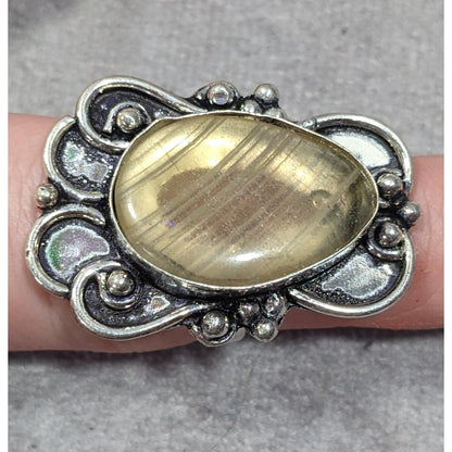 Victorian Style Rutilated Quartz Sterling Silver Statement Ring Size 7