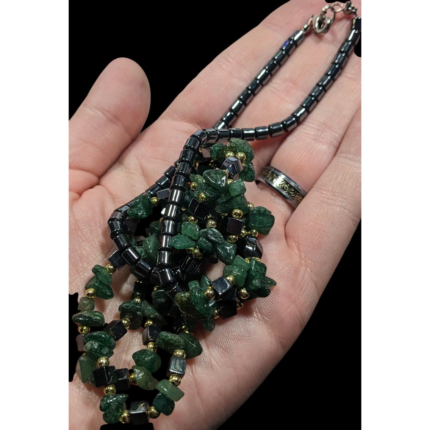 Hematite Green Agate Layered Beaded Stone Necklace