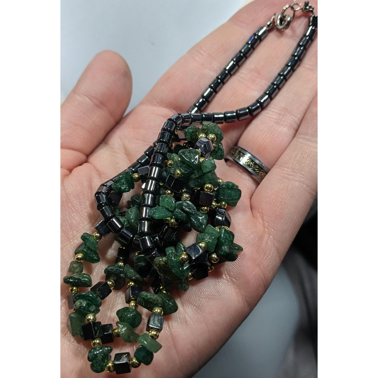 Hematite Green Agate Layered Beaded Stone Necklace