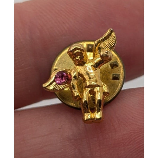 Angel On My Shoulder Pin Vintage Gold Tone Pink Rhinestone Accent 1/2 Inch
