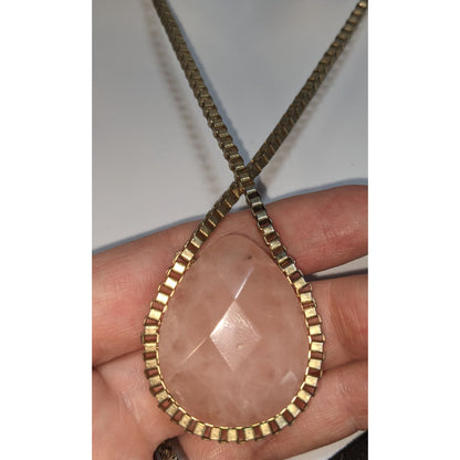 Coquette Romantic Rose Quartz Gold Teardrop Statement Pendant Necklace